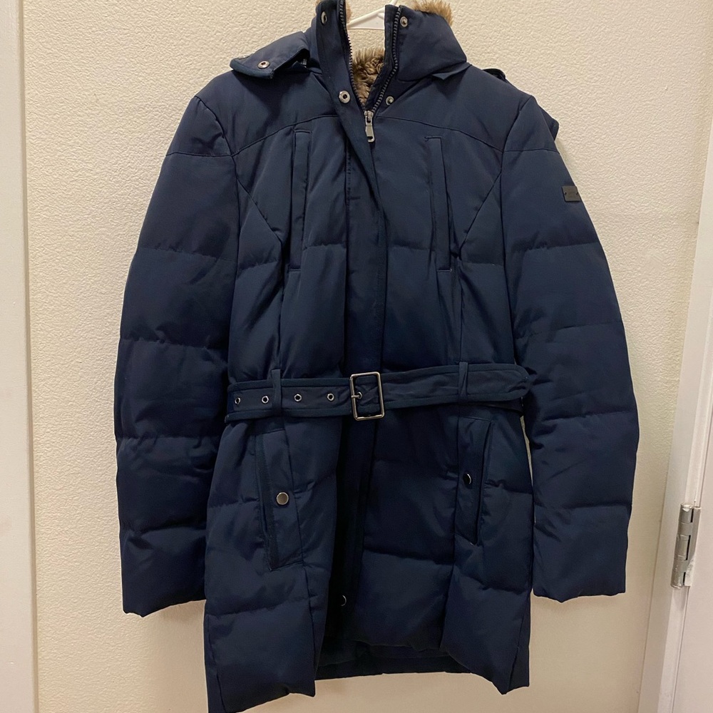 Esprit removable faux-fur hooded down puffer jacket navy